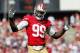 SAN FRANCISCO, CA - OCTOBER 7: Linebacker Aldon Smith #99 of the San Francisco 49ers tries to amp up the crowd before a snap by the Buffalo Bills in the first quarter on October 7, 2012 at Candlestick Park in San Francisco, California. (Photo by Brian