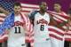 Aug 11, 2012; London, United Kingdom; USA forward Kevin Love (11) and forward LeBron James (6) and guard Kevin Durant (5) celebrate after winning the gold in the men's basketball final against Spain in the London 2012 Olympic Games at North Greenwich Aren