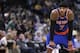 Mar 30, 2014; Oakland, CA, USA; New York Knicks forward Carmelo Anthony (7) rest on the court against the Golden State Warriors in the third quarter at Oracle Arena. The Knicks won 89-84. Mandatory Credit: Cary Edmondson-USA TODAY Sports