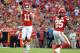 Aug 7, 2014; Kansas City, MO, USA; Kansas City Chiefs quarterback Alex Smith (11) throws a pass to running back Jamaal Charles (25) against the Cincinnati Bengals in the first half at Arrowhead Stadium. Mandatory Credit: John Rieger-USA TODAY Sports