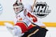 NASHVILLE, TN - APRIL 23: Miikka Kiprusoff #34 of the Calgary Flames minds the net against the Nashville Predators during an NHL game at the Bridgestone Arena on April 23, 2013 in Nashville, Tennessee. (Photo by John Russell/NHLI via Getty Images)