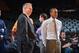 NEW YORK, NY - APRIL 20: Danny Ainge, president of Basketball Operations for the Boston Celtics, left, stands on court with Rajon Rondo #9 before Game One of the Eastern Conference Quarterfinals between the Celtics and New York Knicks during the 2013 NBA