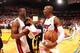 MIAMI, FL - MAY 14: Ray Allen #34 and Dwyane Wade #3 of the Miami Heat celebrate after Game Five of the Eastern Conference Semifinals against the Brooklyn Nets during the 2014 NBA playoffs at American Airlines Arena in Miami, Florida on May 14, 2014. NOT