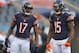 Aug 8, 2014; Chicago, IL, USA; Chicago Bears wide receiver Alshon Jeffery (L) and wide receiver Brandon Marshall (R) talk prior to a preseason game against the Philadelphia Eagles at Soldier Field. Mandatory Credit: Dennis Wierzbicki-USA TODAY Sports