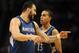 Dec 1, 2013; Oklahoma City, OK, USA; Minnesota Timberwolves center Nikola Pekovic (14) talks to Minnesota Timberwolves shooting guard Kevin Martin (23) in a break in action against the Oklahoma City Thunder at Chesapeake Energy Arena. Mandatory Credit: Ma