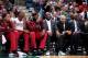 MILWAUKEE, WI - MARCH 29: Michael Beasley #8, Chris Bosh #1, LeBron James #6 and Dwyane Wade #3 of the Miami Heat sit on the bench during the game against the Milwaukee Bucks on March 29, 2014 at the BMO Harris Bradley Center in Milwaukee, Wisconsin. NOTE