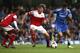 LONDON, ENGLAND - MAY 05: Dominic Solanke of Chelsea breaks away from Fulham's Cameron Burgess and Ryheem Sheckleford during the FA Youth Cup Final Second Leg match between Chelsea and Fulham at Stamford Bridge on May 05, 2014 in London, England. (Photo b