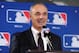Aug 14, 2014; Baltimore, MD, USA; Newly elected commissioner of baseball Rob Manfred speaks at a press conference after being elected by team owners to be the next commissioner of Major League Baseball. Mandatory Credit: H.Darr Beiser-USA TODAY Sports