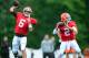 Jul 28, 2014; Berea, OH, USA; Cleveland Browns quarterback Brian Hoyer (6) and Johnny Manziel (2) throw passes during training camp at Cleveland Browns training facility. Mandatory Credit: Andrew Weber-USA TODAY Sports