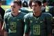 September 15, 2012; Eugene, OR, USA; Oregon Ducks quarterback Bryan Bennett (2) and quarterback Marcus Mariota (8) on the side line in the second half against the Tennessee Tech Golden Eagles at Autzen Stadium. Mandatory Credit: Scott Olmos-USA TODAY Spor