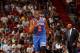 MIAMI, FL - April 6: Raymond Felton #2 of the New York Knicks celebrates a basket during the game against the Miami Heat at the American Airlines Arena in Miami, Florida on April 6, 2014. NOTE TO USER: User expressly acknowledges and agrees that, by downl