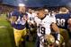 Nov 2, 2013; South Bend, IN, USA; Notre Dame Fighting Irish linebacker Kendall Moore (8) shakes hands with Navy Midshipmen quarterback Keenan Reynolds (19) after Notre Dame defeated Navy 38-34 at Notre Dame Stadium. Mandatory Credit: Matt Cashore-USA TODA