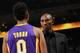OAKLAND, CA - OCTOBER 30: Kobe Bryant #24 and Nick Young #0 of the Los Angeles Lakers converse during a game against the Golden State Warriors at Oracle Arena on October 30, 2013 at in Oakland, California. NOTE TO USER: User expressly acknowledges and agr