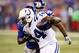 Aug 16, 2014; Indianapolis, IN, USA; Indianapolis Colts wide receiver Hakeem Nicks (14) runs with the ball after making a catch against the New York Giants in the first half at Lucas Oil Stadium. Mandatory Credit: Brian Spurlock-USA TODAY Sports