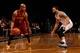 Jan 4, 2014; Brooklyn, NY, USA; Cleveland Cavaliers point guard Jarrett Jack (1) readies to drive around Brooklyn Nets point guard Deron Williams (8) during the first quarter at Barclays Center. Mandatory Credit: Anthony Gruppuso-USA TODAY Sports
