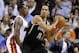 Apr 8, 2014; Miami, FL, USA; Brooklyn Nets guard Shaun Livingston (14) is pressured by Miami Heat guard Mario Chalmers (15) during the second half at American Airlines Arena. The Nets won 88-87. Mandatory Credit: Steve Mitchell-USA TODAY Sports