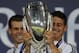 CARDIFF, WALES - AUGUST 12: James Rodriguez and Gareth Bale of Real Madrid lift the trophy during the UEFA Super Cup match between Real Madrid and Sevilla at Cardiff City Stadium on August 12, 2014 Cardiff, Wales. (Photo by Ian MacNicol/Getty Images)