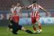 ATHENS,GREECE - JANUARY 18: Kostas Manolas of Olympiacos dribbles past Pedro Sass Petrazzi of Levadiakos with the ball during the Greek Superleague match between Olympiacos and Levadiakos at the Georgios Karaiskakis Stadium on January 18, 2014 in Athens