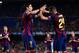 BARCELONA, SPAIN - AUGUST 18: Luis Suarez (L) of FC Barcelona congratulates his teammate Sandro after Sandro scored his team's sixth goal the Joan Gamper Trophy match between FC Barcelona and Club Leon at Camp Nou on August 18, 2014 in Barcelona, Spain.
