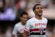 SAO PAULO, BRAZIL - APRIL 20: Douglas of Sao Paulo team celebrates the second goal against Botafogo during the Brasileirao Series A 2014 match between Sao Paulo and Botafogo at Morumbi Stadium on April 20, 2014 in Sao Paulo, Brazil. (Photo by Jonne Roriz/