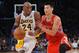 November 18, 2012; Los Angeles, CA, USA; Houston Rockets point guard Jeremy Lin (7) guards Los Angeles Lakers shooting guard Kobe Bryant (24) in the second half of the game at the Staples Center. Lakers won 119-108. Mandatory Credit: Jayne Kamin-Oncea-US