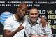 LAS VEGAS, NV - JULY 11: Boxer Bernard Hopkins (L) and President of Golden Boy Promotions Oscar De La Hoya pose as they are introduced at the official weigh-in for Canelo Alvarez and Erislandy Lara at the MGM Grand Garden Arena on July 11, 2014 in Las Ve