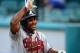 MIAMI GARDENS, FL - AUGUST 10: Jose Constanza #17 of the Atlanta Braves celebrates scoring a run against the Florida Marlins at Sun Life Stadium on August 10, 2011 in Miami Gardens, Florida. (Photo by Marc Serota/Getty Images)