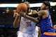Feb 9, 2014; Oklahoma City, OK, USA; Oklahoma City Thunder small forward Kevin Durant (35) shoots the ball as New York Knicks small forward Carmelo Anthony (7) defends during the fourth quarter at Chesapeake Energy Arena. Mandatory Credit: Mark D. Smith-U