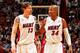 MIAMI, FL - JANUARY 6: Mike Miller #13 and Ray Allen #34 of the Miami Heat speak before resuming play against the Washington Wizards on January 6, 2013 at American Airlines Arena in Miami, Florida. NOTE TO USER: User expressly acknowledges and agrees that