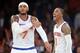 Apr 2, 2014; New York, NY, USA; New York Knicks guard J.R. Smith (8) and forward Carmelo Anthony (7) look on against the Brooklyn Nets during the second half at Madison Square Garden. The New York Knicks won 110-81. Mandatory Credit: Joe Camporeale-USA TO