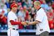 Oct 11, 2012; Washington, DC, USA; Washington Senators former player Frank Howard talks with Washington Nationals third baseman Ryan Zimmerman (11) after throwing out the ceremonial first pitch prior to game four of the 2012 NLDS at Nationals Park. Manda