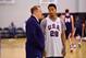 EAST RUTHERFORD, NJ - AUGUST 19: Derrick Rose #28 and Tom Thibodeau of the USA Basketball Men's National Team talk during practice on August 19, 2014 at the PNY Center in East Rutherford, New Jersey. NOTE TO USER: User expressly acknowledges and agrees th