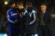 BURNLEY, ENGLAND - AUGUST 18: Diego Costa, Fernando Torres and Filipe Luis of Chelsea share a joke as Manager Jose Mourinho of Chelsea looks on after the Barclays Premier League match between Burnley and Chelsea at Turf Moor on August 18, 2014 in Burnley
