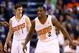 Dec 13, 2013; Phoenix, AZ, USA; Phoenix Suns guard Eric Bledsoe (2) and Goran Dragic against the Sacramento Kings at US Airways Center. The Suns defeated the Kings 116-107. Mandatory Credit: Mark J. Rebilas-USA TODAY Sports