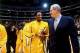LOS ANGELES - 2001: Kobe Bryant #8 of the Los Angeles Lakers has a laugh with Lakers head coach Phil Jackson before a 2001 NBA game at the Staples Center in Los Angeles, California. NOTE TO USER: User expressly acknowledges that, by downloading and or us