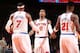 NEW YORK, NY - MARCH 31: J.R. Smith #8 of the New York Knicks high-fives teammates Carmelo Anthony #7 and Iman Shumpert #21 in a game against the Boston Celtics on March 31, 2013 at Madison Square Garden in New York City. NOTE TO USER: User expressly ack