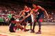 CHICAGO, IL - AUGUST 16: Kenneth Faried #18, Derrick Rose #6, and Anthony Davis #14 of the USA Basketball Men's National Team during a game against the Brazil Basketball Men's National Team on August 16, 2014 at the United Center in Chicago, Illinois. NO