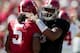 Apr 19, 2014; Tuscaloosa, AL, USA; Alabama Crimson Tide wide receiver Chris Black (5) is congratulated by quarterback Blake Sims (6) after he scored a touchdown during the A-Day game at Bryant-Denny Stadium. Mandatory Credit: Marvin Gentry-USA TODAY Spor