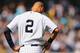 NEW YORK, NY - AUGUST 10: Derek Jeter #2 of the New York Yankees reacts after striking out in the sixth inning against the Cleveland Indians during their game at Yankee Stadium on August 10, 2014 in the Bronx borough of New York City. (Photo by Al Bello