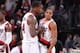 PORTLAND, OR - JANUARY 23: Thomas Robinson #41 and C.J. McCollum #3 of the Portland Trail Blazers talk during the game against the Denver Nuggets on January 23, 2014 at the Moda Center Arena in Portland, Oregon. NOTE TO USER: User expressly acknowledges