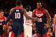 NEW YORK, NY - AUGUST 22: Teammates Kyrie Irving #10 and Kenneth Faried #18 of the USA Basketball Men's National Team high-five during a game against the Puerto Rico Basketball Men's National Team on August 22, 2014 at Madison Square Garden in New York,
