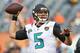 CHICAGO, IL - AUGUST 14: Blake Bortles #5 of the Jacksonville Jaguars warms up prior to a preseason game against the Chicago Bears at Soldier Field on August 14, 2014 in Chicago, Illinois. (Photo by John Konstantaras/Getty Images)