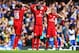 LONDON, ENGLAND - AUGUST 23: Jeffrey Schlupp (C) of Leicester City reacts with team mates after seeing David Nugent of Leicester City miss from close range during the Barclays Premier League match between Chelsea and Leicester City at Stamford Bridge on A