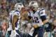FOXBORO, MA - AUGUST 22: Shane Vereen #34 of the New England Patriots celebrates his touchdown with Tom Brady #12 during a preseason game with the Carolina Panthers in the second quarter at Gillette Stadium on August 22, 2014 in Foxboro, Massachusetts.
