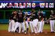 MIAMI, FL - AUGUST 02: Christian Yelich #21 of the Miami Marlins reacts with teammates after hitting a walk-off single to win the game against the Cincinnati Reds in ten innings at Marlins Park on August 02, 2014 in Miami, Florida. (Photo by Rob Foldy/Ge