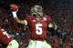 PASADENA, CA - JANUARY 06: Quarterback Jameis Winston #5 of the Florida State Seminoles looks to pass from his own endzone during the 2014 Vizio BCS National Championship Game at the Rose Bowl on January 6, 2014 in Pasadena, California. (Photo by Stephe