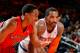 NEW YORK, NY - APRIL 16: DeMar DeRozan #10 of the Toronto Raptors stands on the court during a game against J.R. Smith #8 of the New York Knicks during the game on April 16, 2014 at Madison Square Garden in New York City, New York. NOTE TO USER: User expr