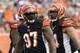 Oct 6, 2013; Cincinnati, OH, USA; Cincinnati Bengals defensive lineman Geno Atkins (97) and defensive lineman Domata Peko (94) celebrate after making a sack against the New England Patriots at Paul Brown Stadium. Mandatory Credit: Mark Zerof-USA TODAY Spo