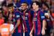 BARCELONA, SPAIN - AUGUST 18: Lionel Messi of FC Barcelona celebrates with his teammates Neymar (L) and Dani Alves after scoring the opening goalduring the Joan Gamper Trophy match between FC Barcelona and Club Leon at Camp Nou on August 18, 2014 in Barc