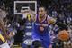 Mar 30, 2014; Oakland, CA, USA; New York Knicks guard J.R. Smith (8) dribbles the ball against the Golden State Warriors in the second quarter at Oracle Arena. Mandatory Credit: Cary Edmondson-USA TODAY Sports